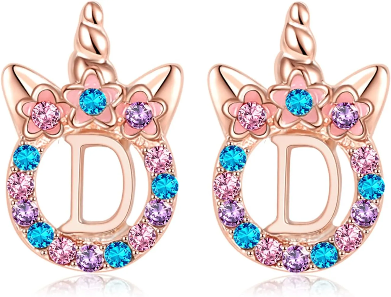 Cute Rose Gold Initial D Unicorn Hypoallergenic Stud Earrings CZ Rhinstone Initial Letter Stud Earrings Unicorns Jewelry Gifts for Girls 3 years old  