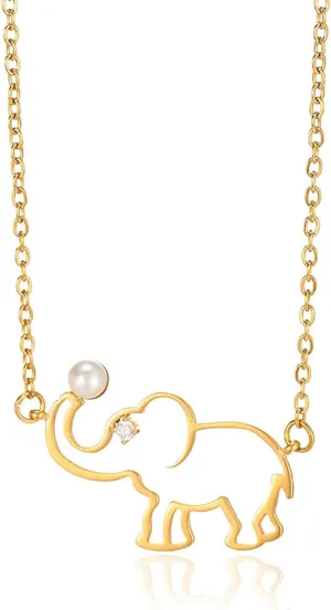 Cute Zircon Imitation Pearl Elephant Necklaces For Women Gold Color Stainless Steel Animal Pendant Necklace Female Neck Chain Jewelry Birthday Gift