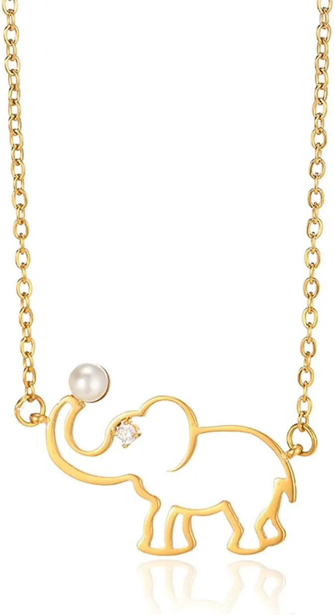 Cute Zircon Imitation Pearl Elephant Necklaces For Women Gold Color Stainless Steel Animal Pendant Necklace Female Neck Chain Jewelry Birthday Gift