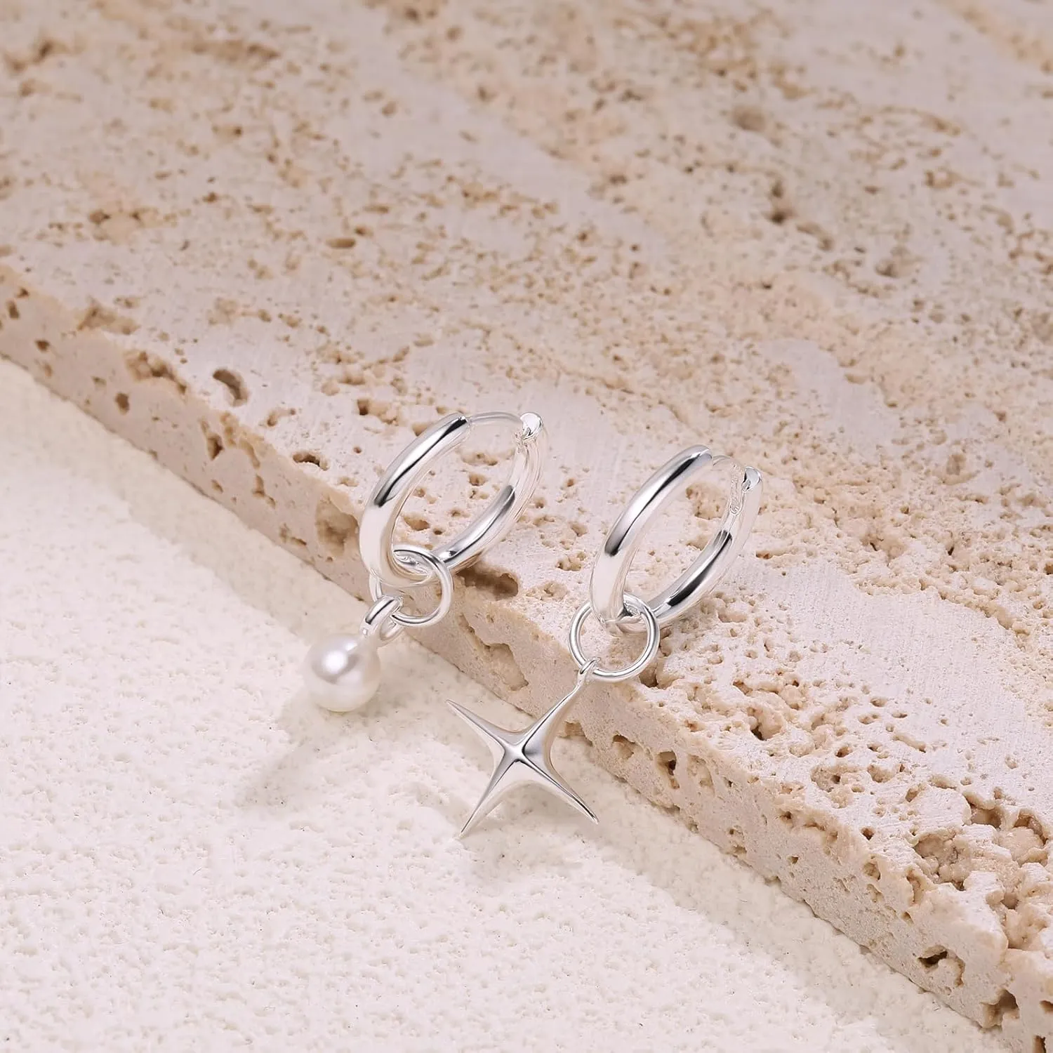 DAILY VIBES Small Gold Star Pearl Drop Dangle Earrings for Women Dainty 925 Sterling Silver Post Asymmetrical Mini 14K Gold Plated Huggie Hoop Earrings for Women
