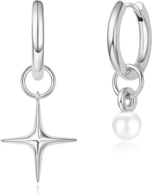 DAILY VIBES Small Gold Star Pearl Drop Dangle Earrings for Women Dainty 925 Sterling Silver Post Asymmetrical Mini 14K Gold Plated Huggie Hoop Earrings for Women