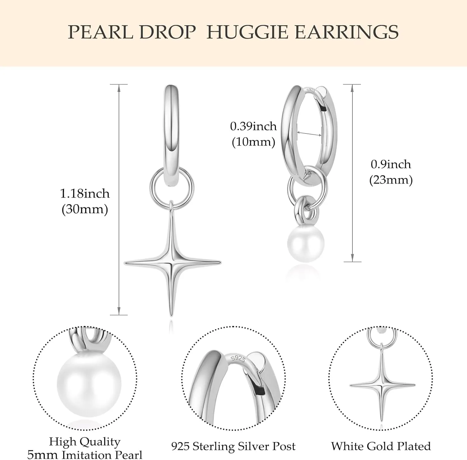 DAILY VIBES Small Gold Star Pearl Drop Dangle Earrings for Women Dainty 925 Sterling Silver Post Asymmetrical Mini 14K Gold Plated Huggie Hoop Earrings for Women