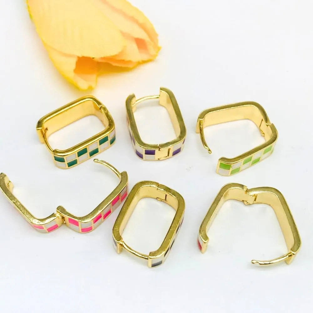 Dainty Checkered Oval Hoop Earring Minimalist Enamel Simple Earrings Chunky Jewelry for Women