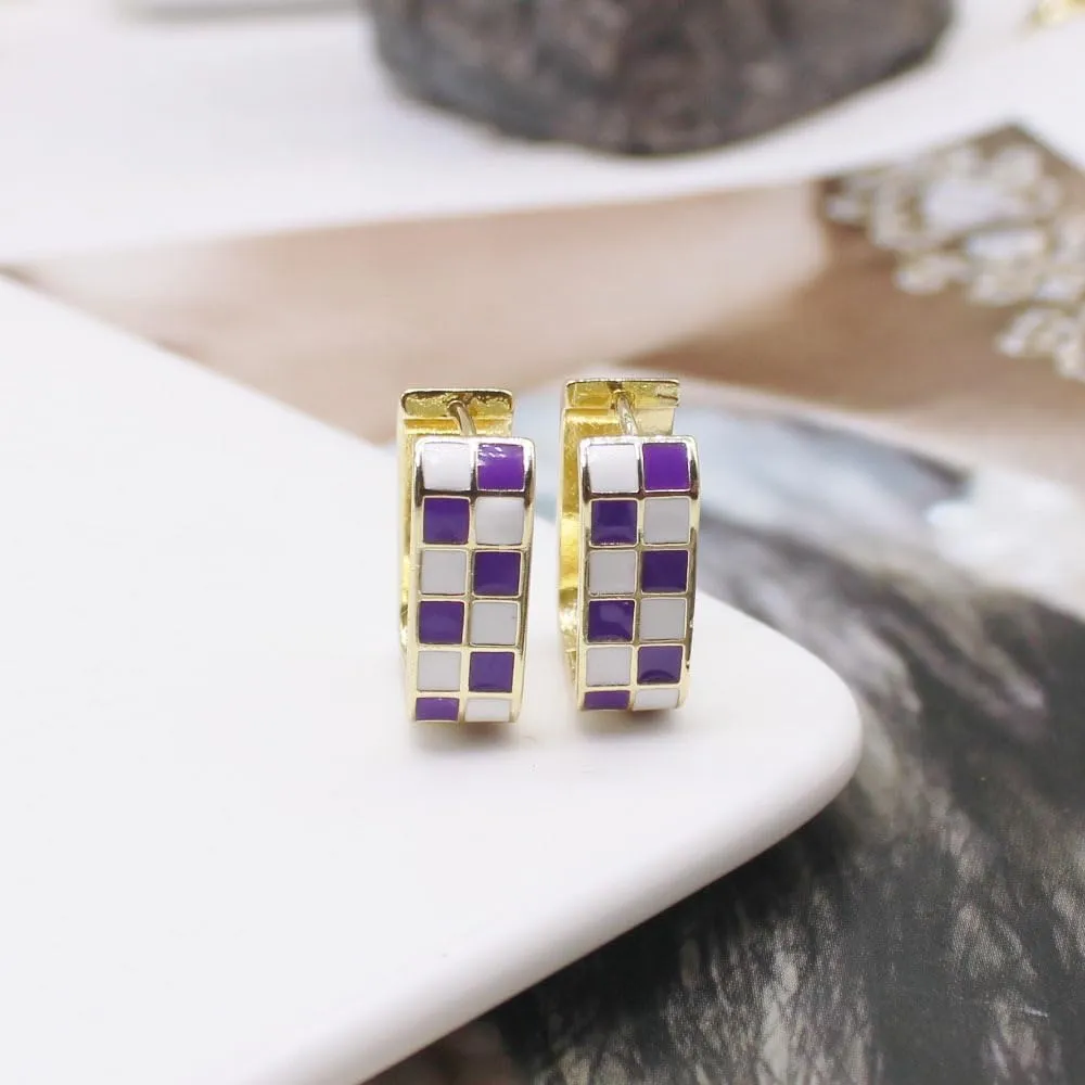 Dainty Checkered Oval Hoop Earring Minimalist Enamel Simple Earrings Chunky Jewelry for Women