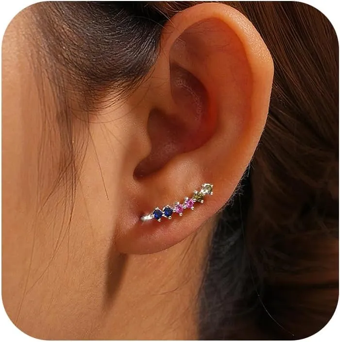 Dainty Colorful Cubic Zirconia Ear Climbers Earrings for Women 925 Sterling Silver 14K Gold Plated Rainbow Gemstone Crawler Earrings Stud Earring Hypoallergenic Ear Clips Jewelry Graduation Gift