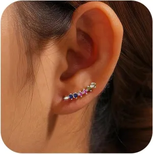 Dainty Colorful Cubic Zirconia Ear Climbers Earrings for Women 925 Sterling Silver 14K Gold Plated Rainbow Gemstone Crawler Earrings Stud Earring Hypoallergenic Ear Clips Jewelry Graduation Gift