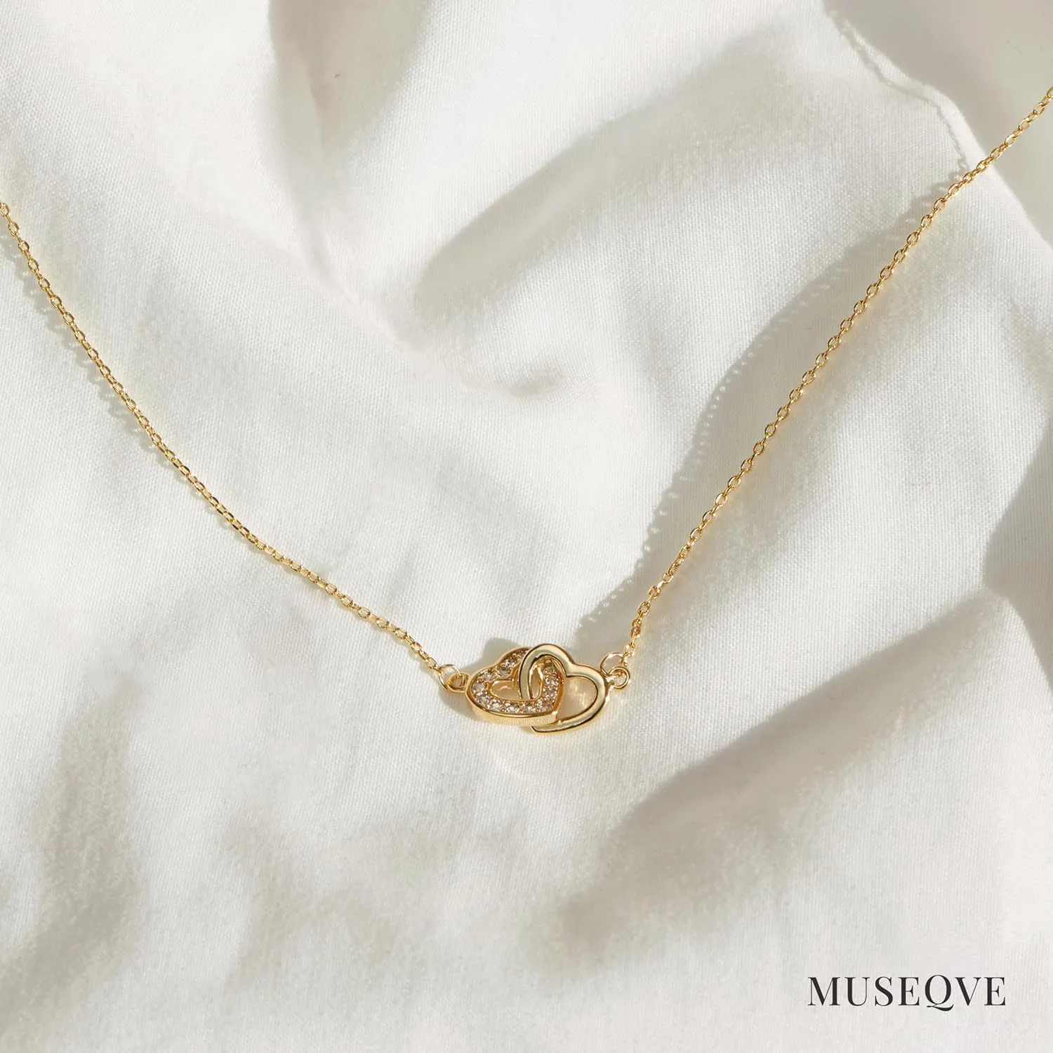 Dainty Double Heart Necklace for Women Gilrs  14K Gold Plated Mom and Daughter Necklaces  Linked Two Heart Pendant Non Tarnish Choker Jewelry [HN-DB]