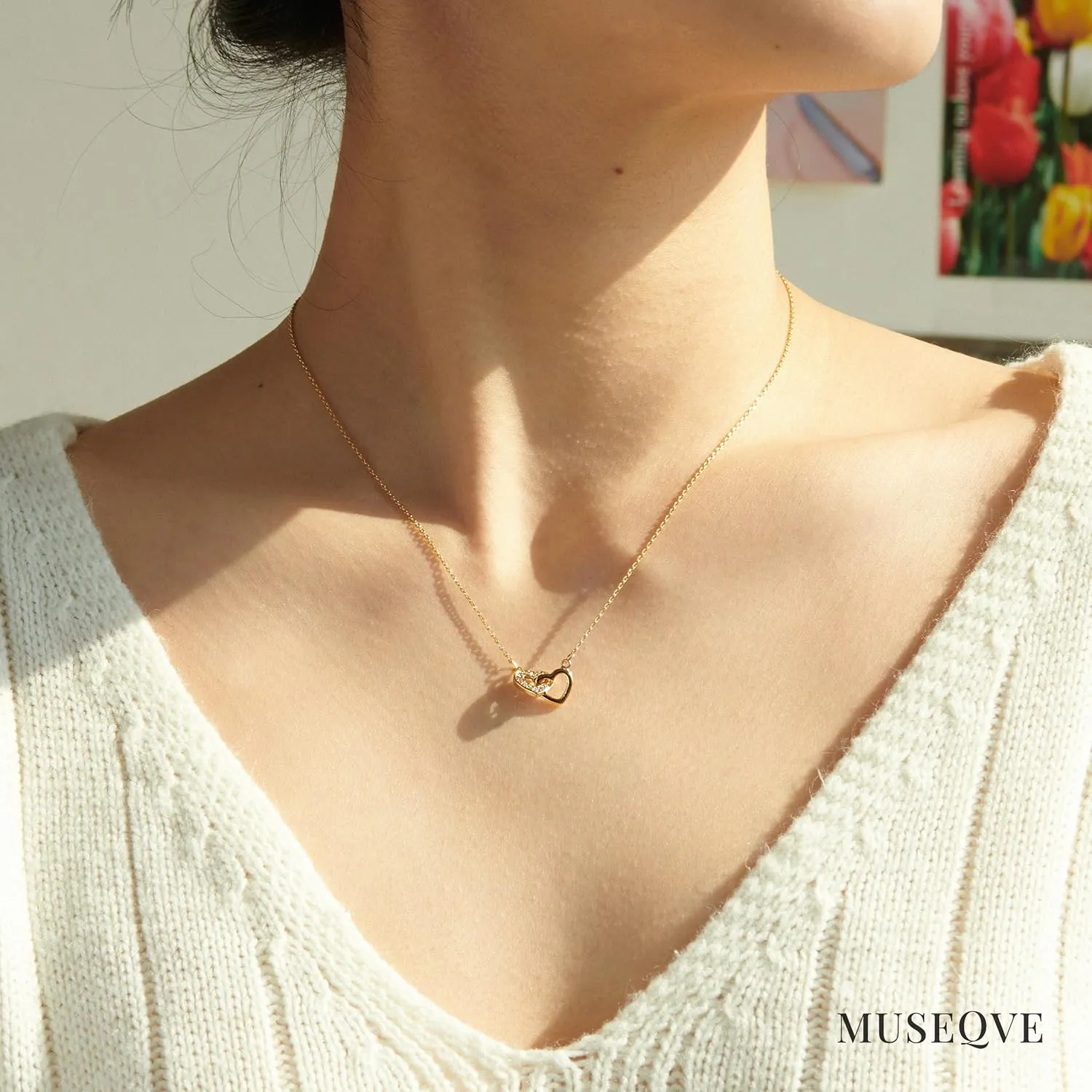 Dainty Double Heart Necklace for Women Gilrs  14K Gold Plated Mom and Daughter Necklaces  Linked Two Heart Pendant Non Tarnish Choker Jewelry [HN-DB]