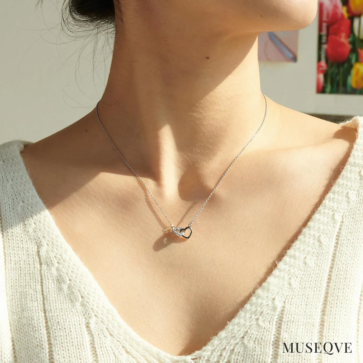 Dainty Double Heart Necklace for Women Gilrs  14K Gold Plated Mom and Daughter Necklaces  Linked Two Heart Pendant Non Tarnish Choker Jewelry [HN-DB]