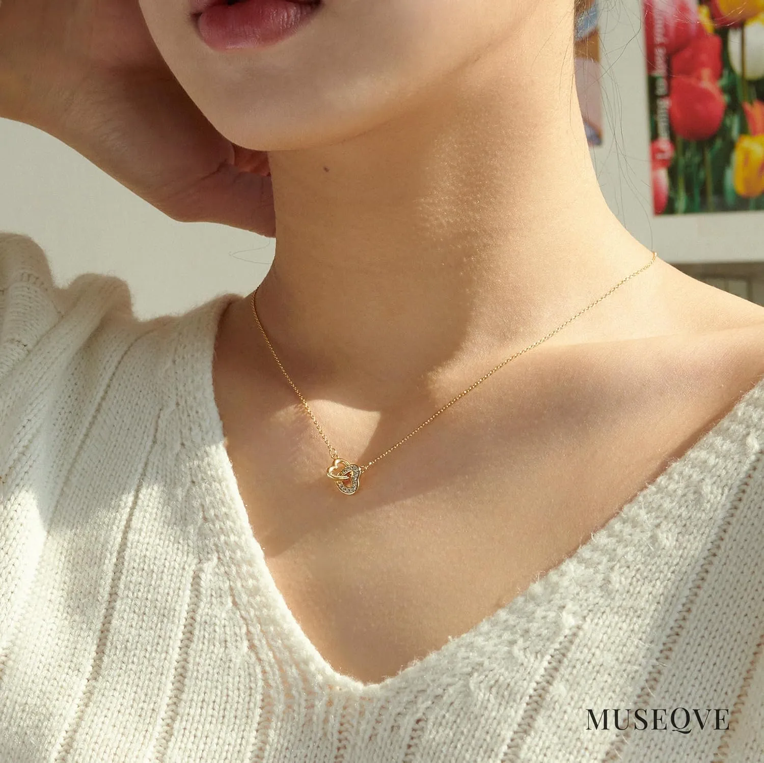 Dainty Double Heart Necklace for Women Gilrs  14K Gold Plated Mom and Daughter Necklaces  Linked Two Heart Pendant Non Tarnish Choker Jewelry [HN-DB]