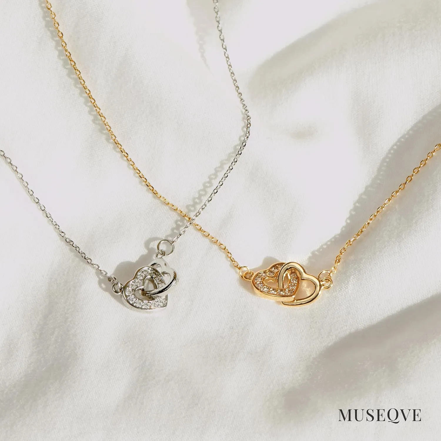 Dainty Double Heart Necklace for Women Gilrs  14K Gold Plated Mom and Daughter Necklaces  Linked Two Heart Pendant Non Tarnish Choker Jewelry [HN-DB]