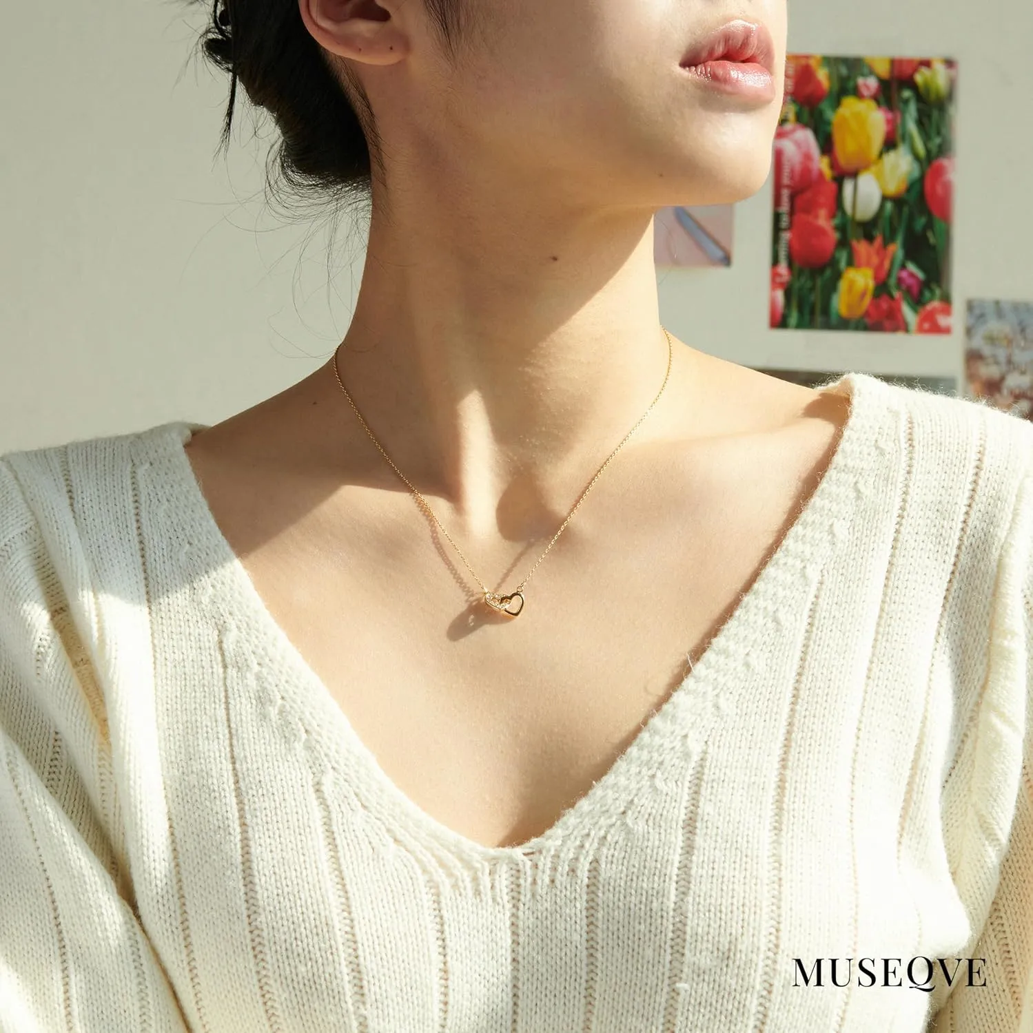 Dainty Double Heart Necklace for Women Gilrs  14K Gold Plated Mom and Daughter Necklaces  Linked Two Heart Pendant Non Tarnish Choker Jewelry [HN-DB]