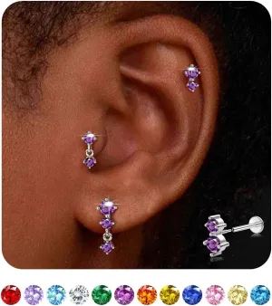 Dainty Flat Back Studs & Dangle Earrings - Hypoallergenic 18G Sets for Multiple Piercing - Birthstone CZ Earrings