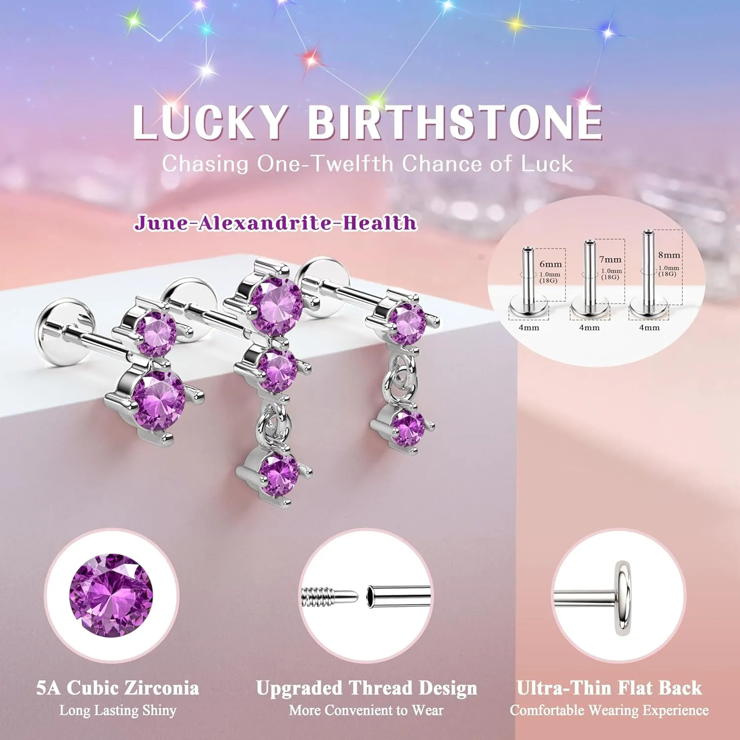 Dainty Flat Back Studs & Dangle Earrings - Hypoallergenic 18G Sets for Multiple Piercing - Birthstone CZ Earrings