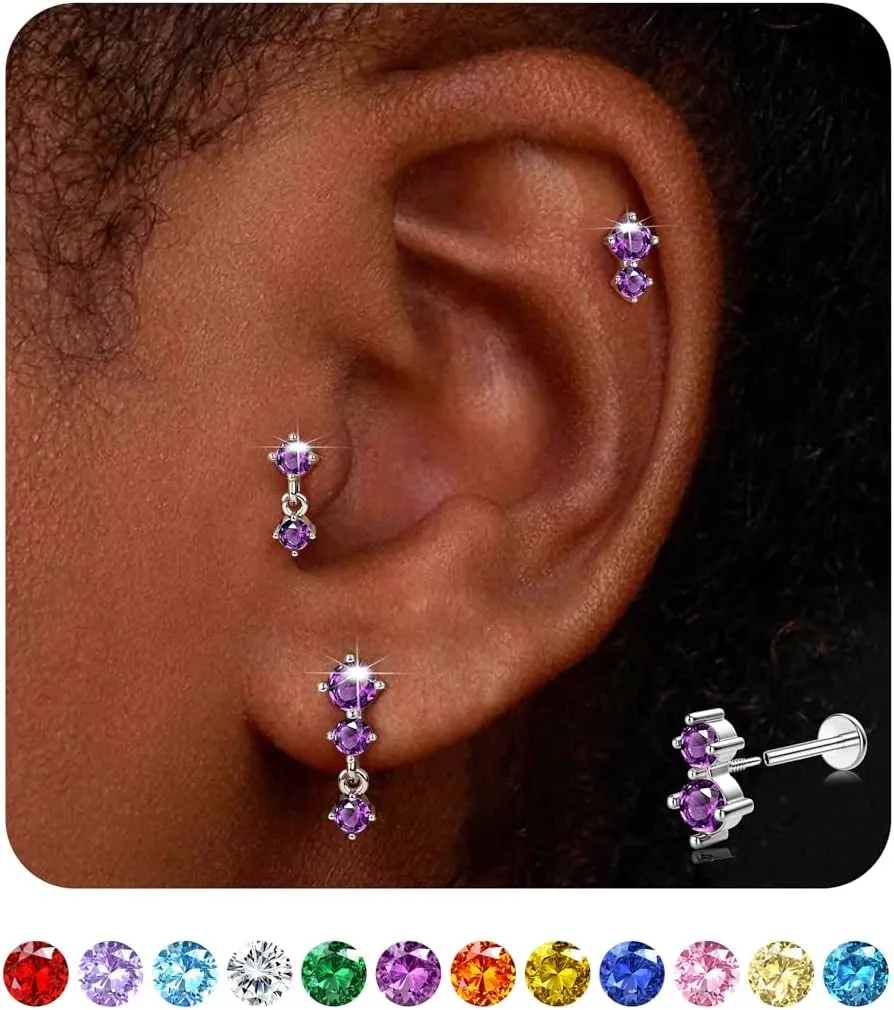 Dainty Flat Back Studs & Dangle Earrings - Hypoallergenic 18G Sets for Multiple Piercing - Birthstone CZ Earrings