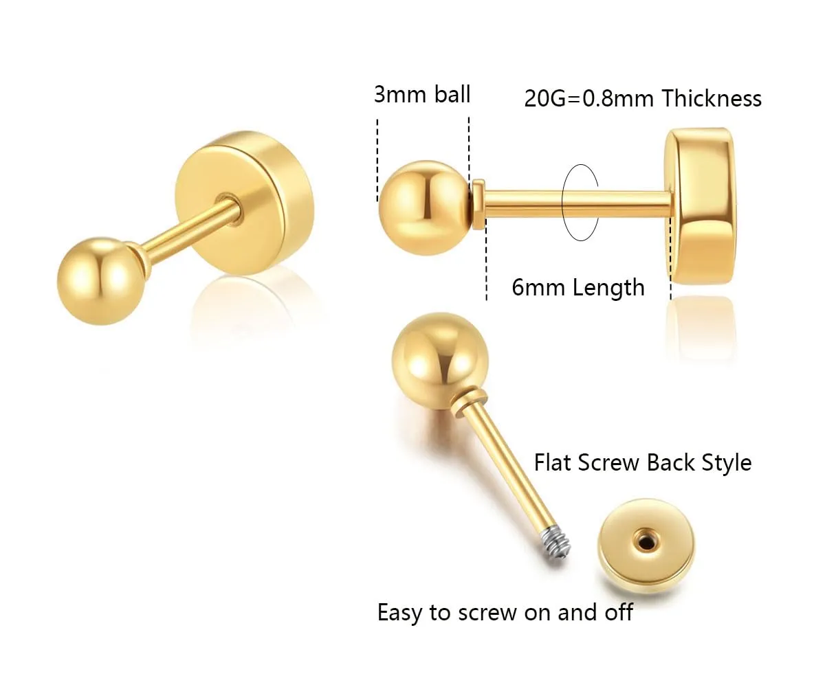 Dainty Flat Screw Back Ball Stud Earrings for Girls,Tiny 3mm Ball Earrings for Cartilage Helix Tragus Earlobe Piercing for Women Toddlers Hypoallergenic (3mm Flatback Ball, 14K Gold)