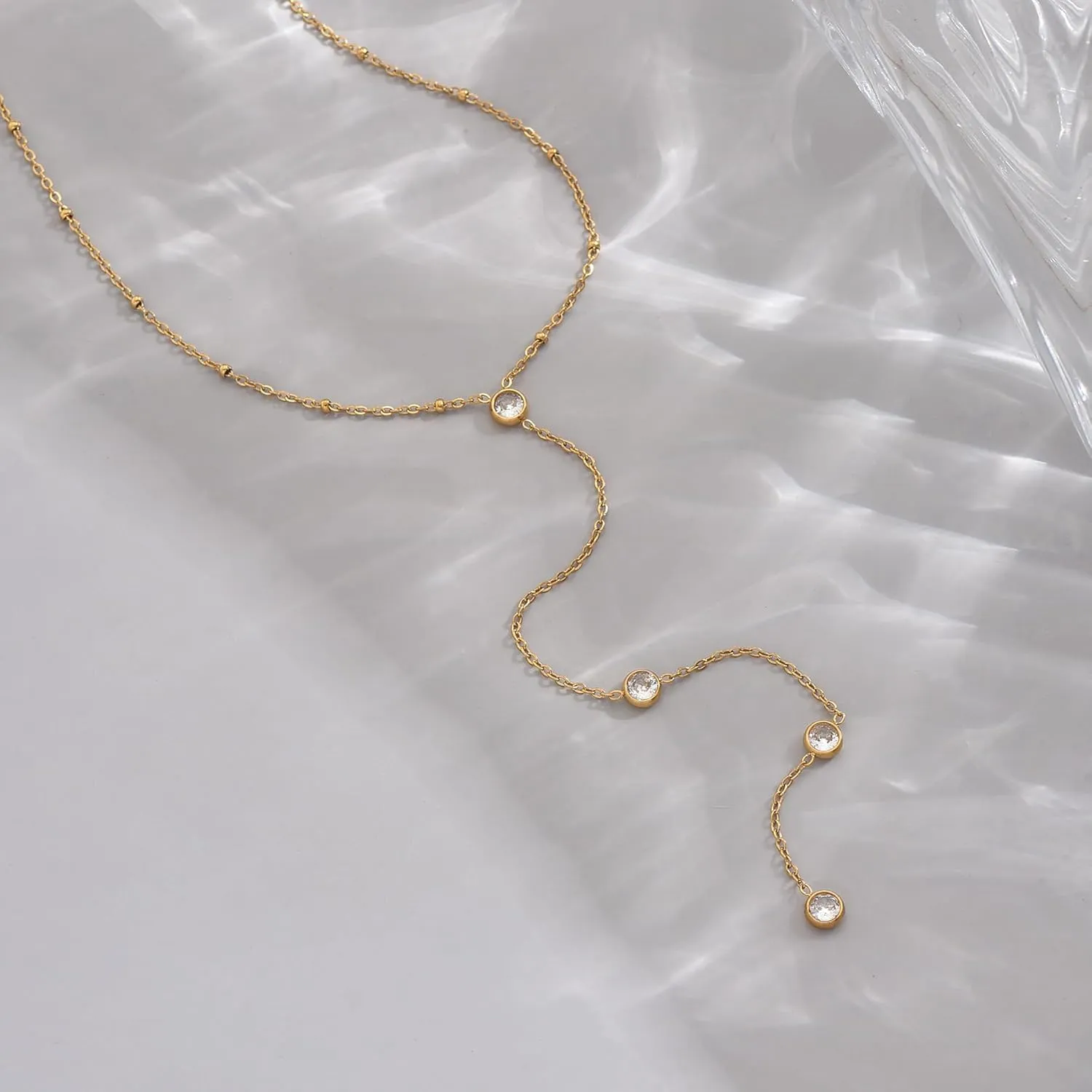 Dainty Lariat Necklace for Women 18K Gold Plated Trendy CZ Beaded Chain Drop Necklaces Long Y-Shaped Pendant Jewelry Necklace for Women Gift
