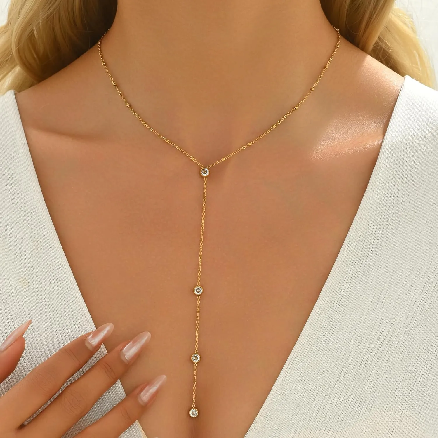 Dainty Lariat Necklace for Women 18K Gold Plated Trendy CZ Beaded Chain Drop Necklaces Long Y-Shaped Pendant Jewelry Necklace for Women Gift