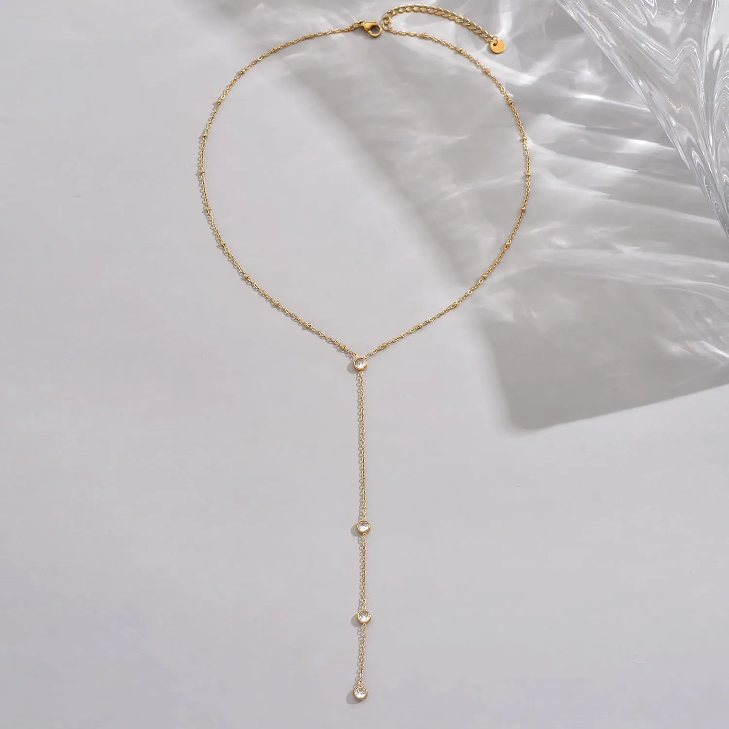 Dainty Lariat Necklace for Women 18K Gold Plated Trendy CZ Beaded Chain Drop Necklaces Long Y-Shaped Pendant Jewelry Necklace for Women Gift