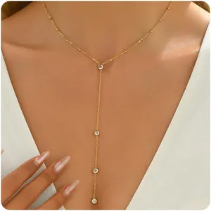 Dainty Lariat Necklace for Women 18K Gold Plated Trendy CZ Beaded Chain Drop Necklaces Long Y-Shaped Pendant Jewelry Necklace for Women Gift