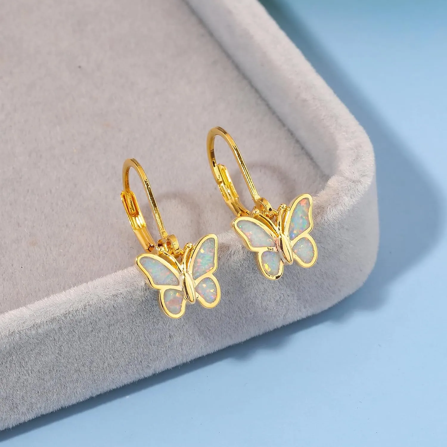 Dainty Leverback Opal Hoop Earrings 14K Gold Plated Butterfly Dangle Earrings Cute Huggie Hoops Jewelry Christmas Gifts