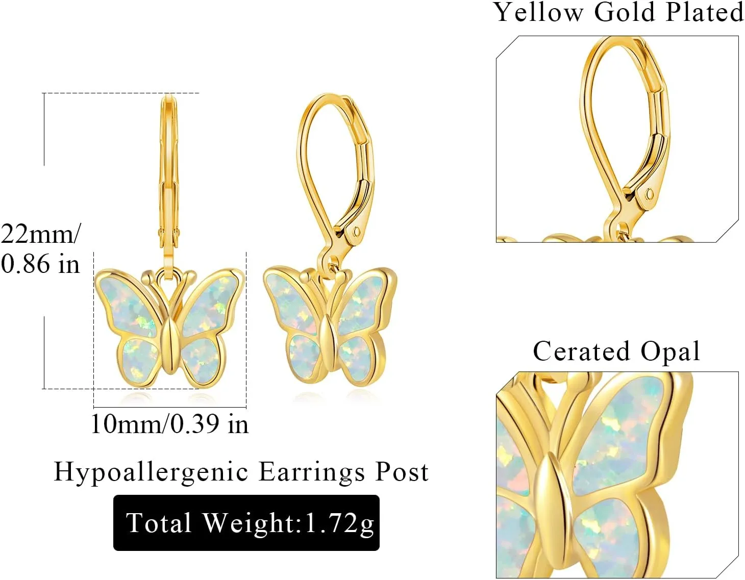 Dainty Leverback Opal Hoop Earrings 14K Gold Plated Butterfly Dangle Earrings Cute Huggie Hoops Jewelry Christmas Gifts