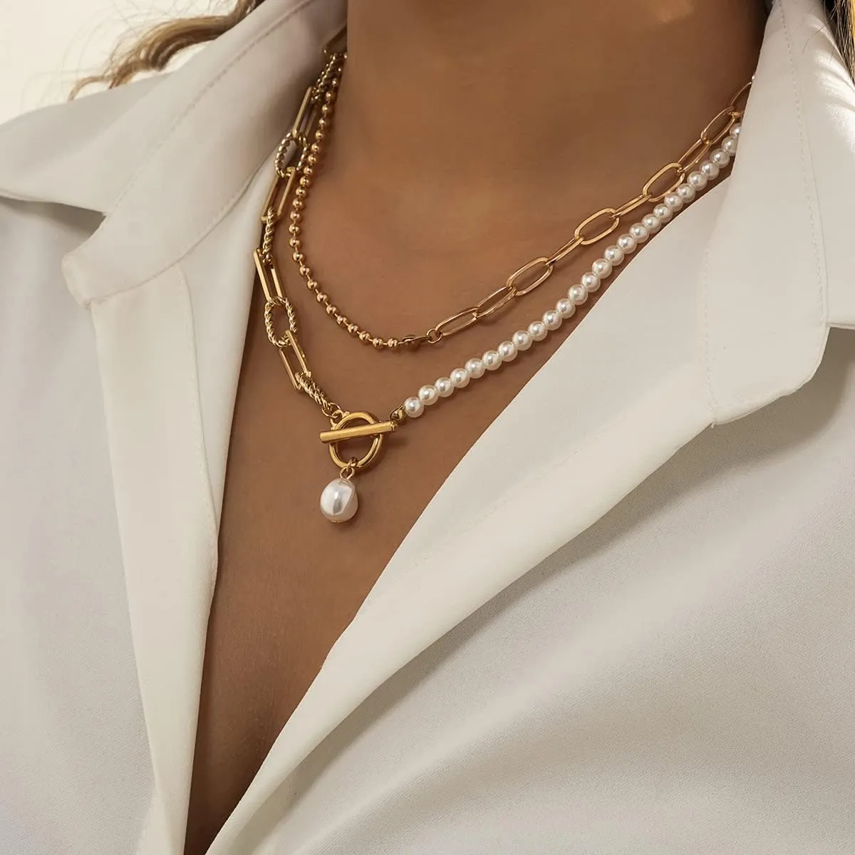 Dainty Pearl Pendant Necklaces Layered Baroque Choker Necklace Vintage White Pearl Chain Necklace Faux Pearls Statement Jewelry Gift for Women