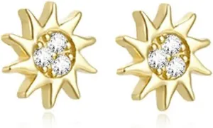 Dainty Sun Mini Stud Earrings for Women 925 Sterling Silver Crystal Cubic Zirconia Cartilage Tragus Tiny Small Studs Earring Cute Jewelry Gifts Hypoallergenic