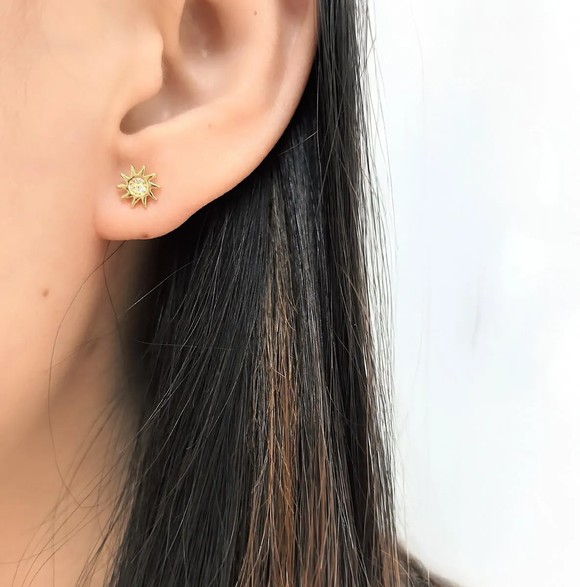 Dainty Sun Mini Stud Earrings for Women 925 Sterling Silver Crystal Cubic Zirconia Cartilage Tragus Tiny Small Studs Earring Cute Jewelry Gifts Hypoallergenic