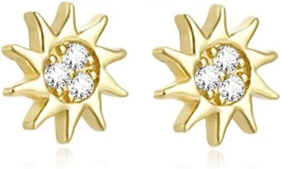 Dainty Sun Mini Stud Earrings for Women 925 Sterling Silver Crystal Cubic Zirconia Cartilage Tragus Tiny Small Studs Earring Cute Jewelry Gifts Hypoallergenic