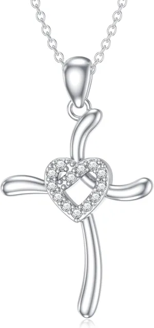 Diamond Cross Necklace for Women 925 Sterling Silver Heart Cross Necklaces Diamond Jewelry Gifts for Mother's Day Anniversary Birthday