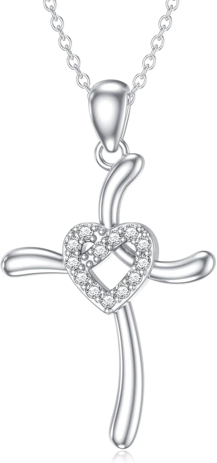 Diamond Cross Necklace for Women 925 Sterling Silver Heart Cross Necklaces Diamond Jewelry Gifts for Mother's Day Anniversary Birthday
