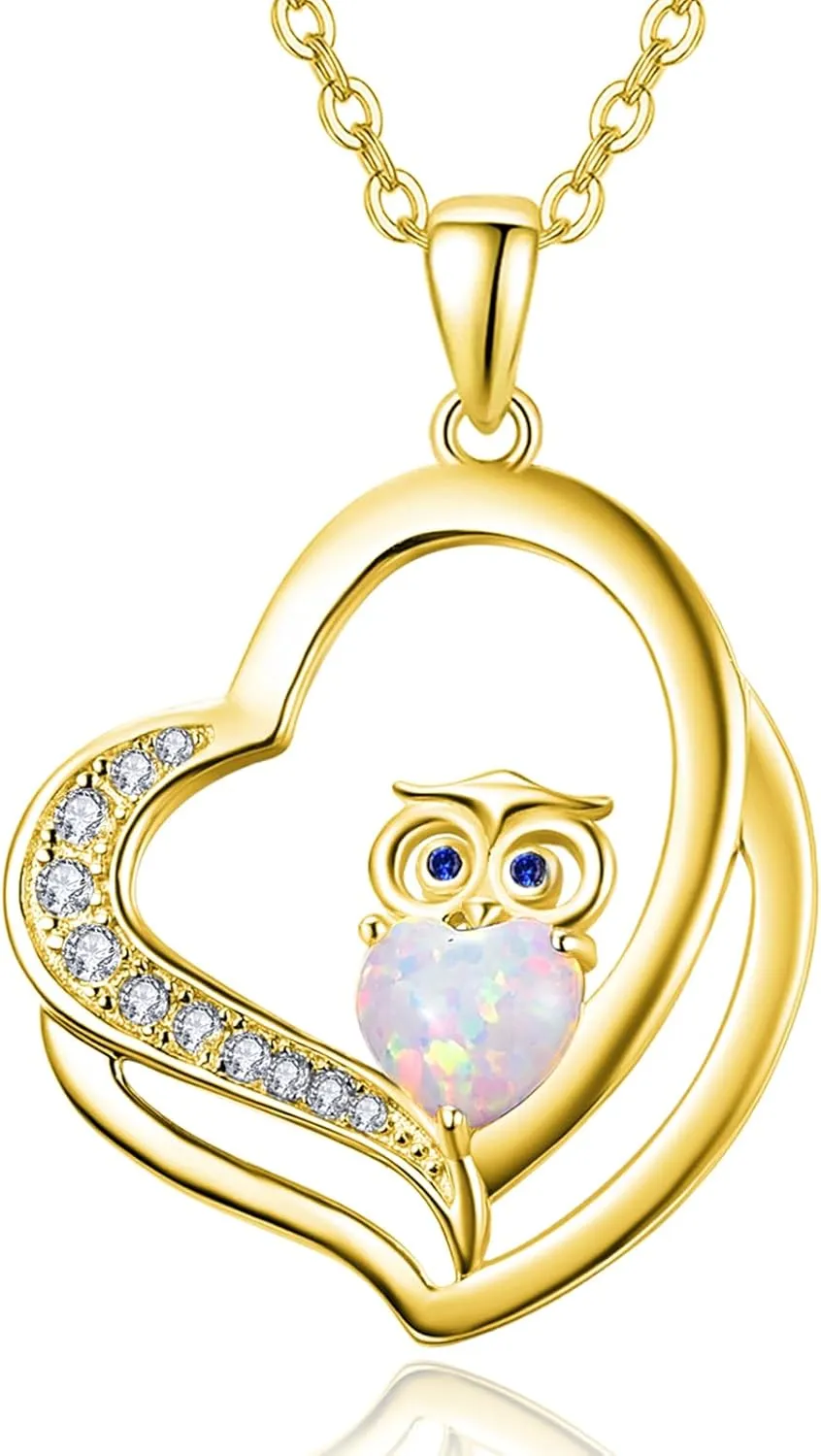 Dreamboat Owl Heart Necklace 925 Sterling Silver Opal Owls Pendant Necklaces Bird Animal Jewelry Birthday Party Gifts for Women