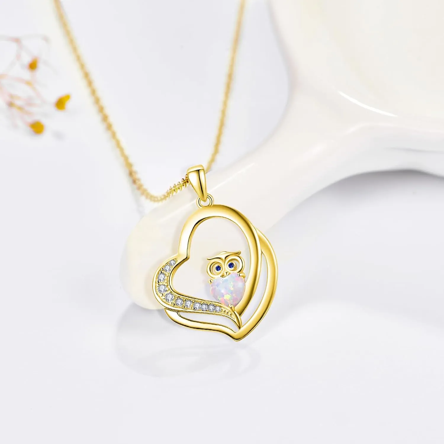 Dreamboat Owl Heart Necklace 925 Sterling Silver Opal Owls Pendant Necklaces Bird Animal Jewelry Birthday Party Gifts for Women