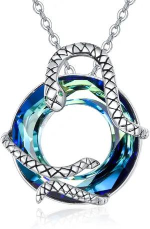 Dreamboat Snake Necklace for Women 925 Sterling Silver Blue Circle Crystal Snake Pendant Necklaces Snake Jewelry for Women Snake Lovers Gifts