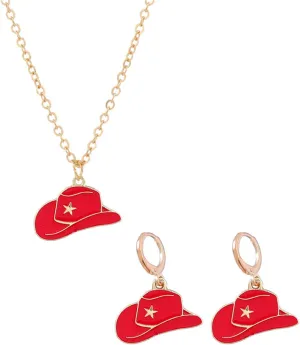 Dreuyet Cowgirl Boot Earrings and Necklace Set for Women Dainty Fashion Western Cowboy Boots Chain Necklace 14K Gold Plated Cowboy Hat Pendant Necklace Western Style Jewelry Gift