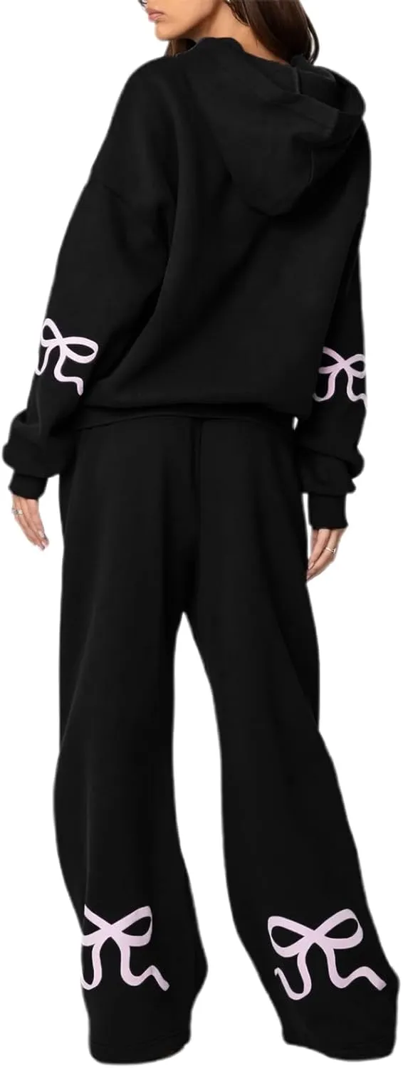 DSORVICD Women 2 Piece Outfits Y2k Bow Embroidery Long Sleeve Oversized Hoodie Baggy Sweatpants Bow Tie Sweatsuit Streetwear