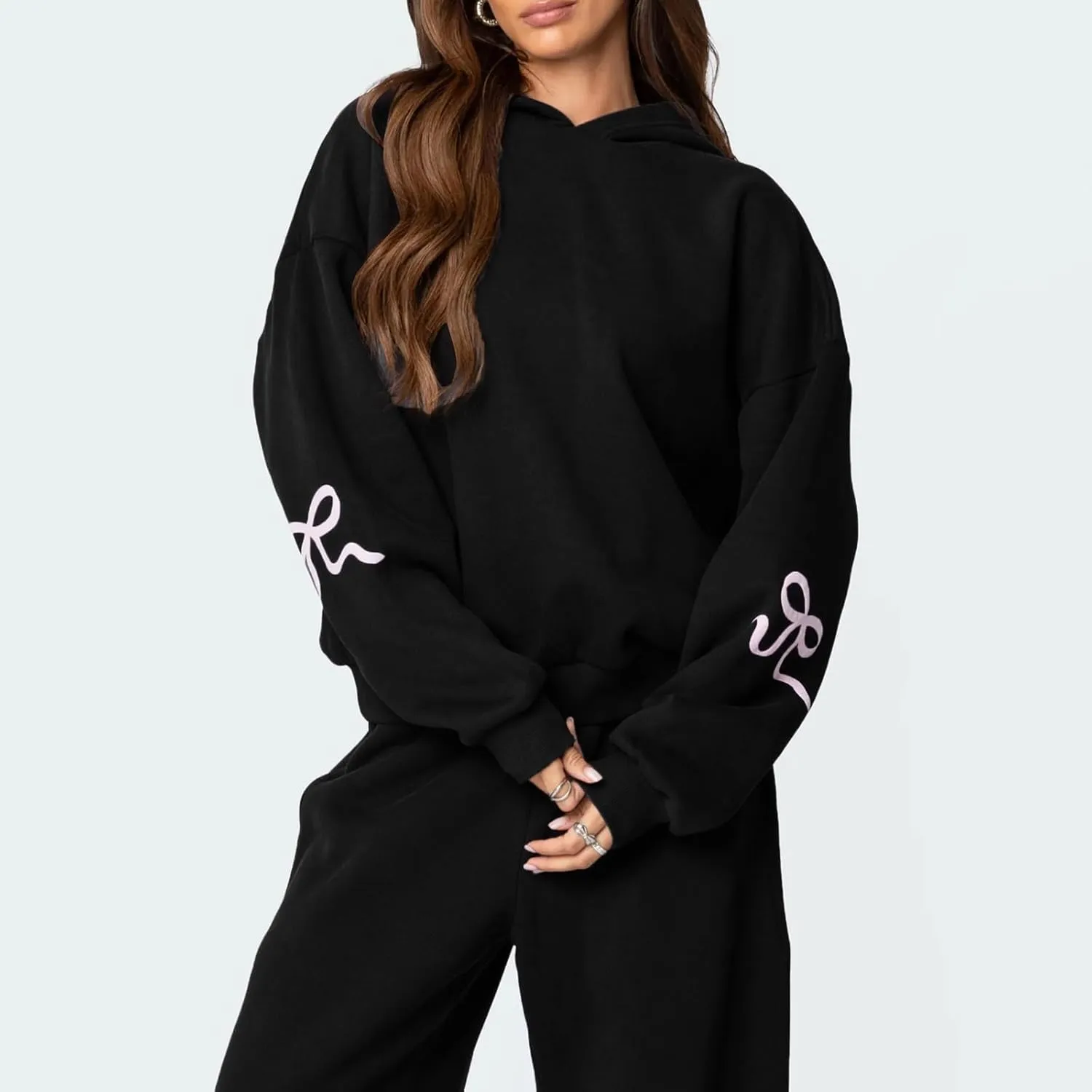 DSORVICD Women 2 Piece Outfits Y2k Bow Embroidery Long Sleeve Oversized Hoodie Baggy Sweatpants Bow Tie Sweatsuit Streetwear