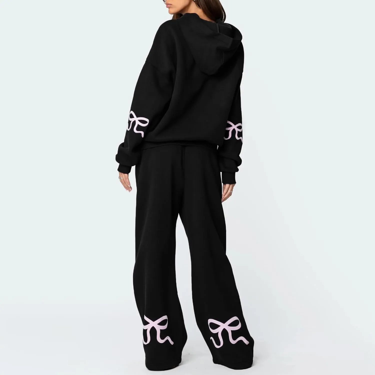 DSORVICD Women 2 Piece Outfits Y2k Bow Embroidery Long Sleeve Oversized Hoodie Baggy Sweatpants Bow Tie Sweatsuit Streetwear
