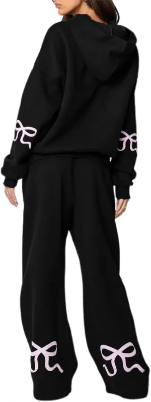 DSORVICD Women 2 Piece Outfits Y2k Bow Embroidery Long Sleeve Oversized Hoodie Baggy Sweatpants Bow Tie Sweatsuit Streetwear