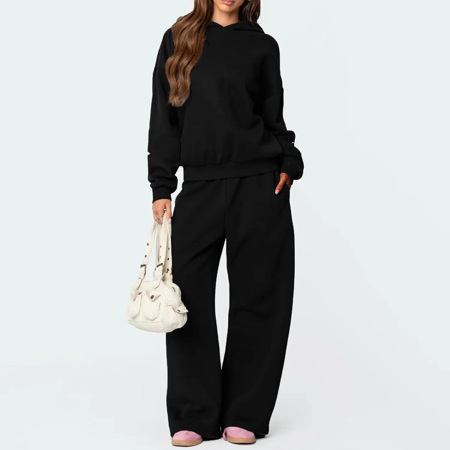 DSORVICD Women 2 Piece Outfits Y2k Bow Embroidery Long Sleeve Oversized Hoodie Baggy Sweatpants Bow Tie Sweatsuit Streetwear