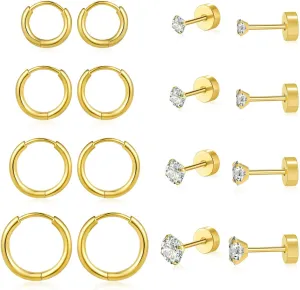 Earrings Stud for Ear Piercing Jewelry Hypoallergenic Surgical Stainless Steel 20G CZ Stud Earrings for Multiple Cartilage Helix Small Huggie Hoop Earrings for Women Men Silver 15Pairs Set