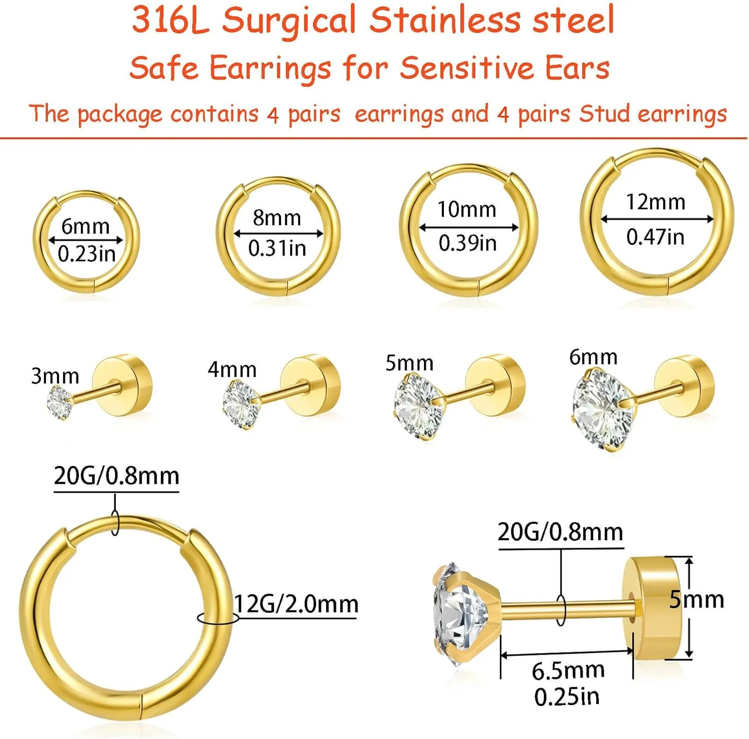 Earrings Stud for Ear Piercing Jewelry Hypoallergenic Surgical Stainless Steel 20G CZ Stud Earrings for Multiple Cartilage Helix Small Huggie Hoop Earrings for Women Men Silver 15Pairs Set