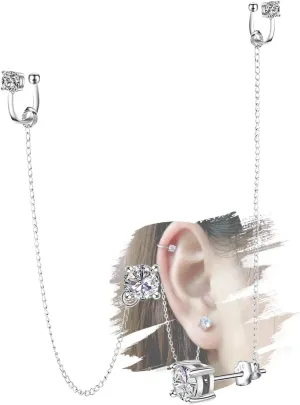 ELEDUCTMON Cubic Zirconia Crystal Ear Cuff Earrings - Sterling Silver Hypoallergenic Rhinestones Drop Dangle Chain 2 in 1 Earrings - Gifts for Women