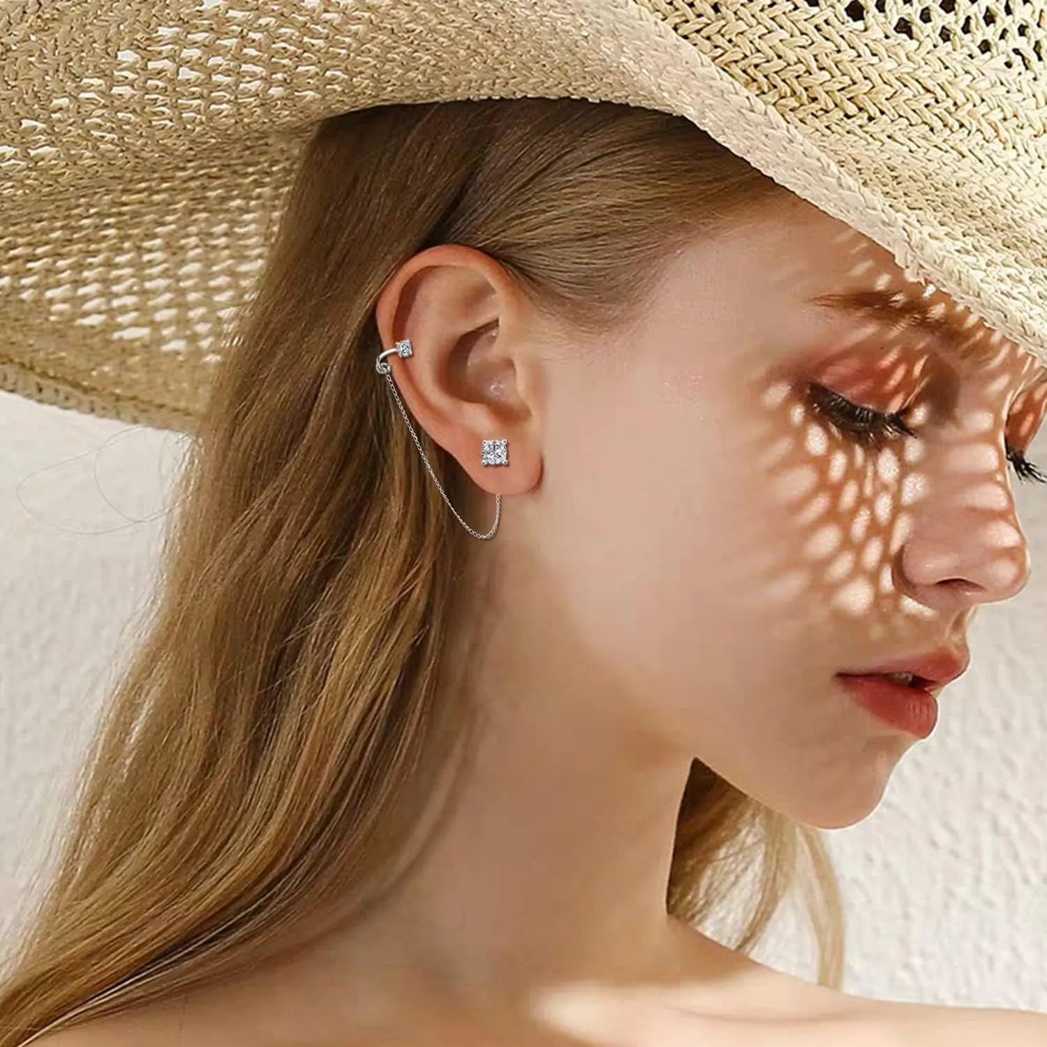 ELEDUCTMON Cubic Zirconia Crystal Ear Cuff Earrings - Sterling Silver Hypoallergenic Rhinestones Drop Dangle Chain 2 in 1 Earrings - Gifts for Women