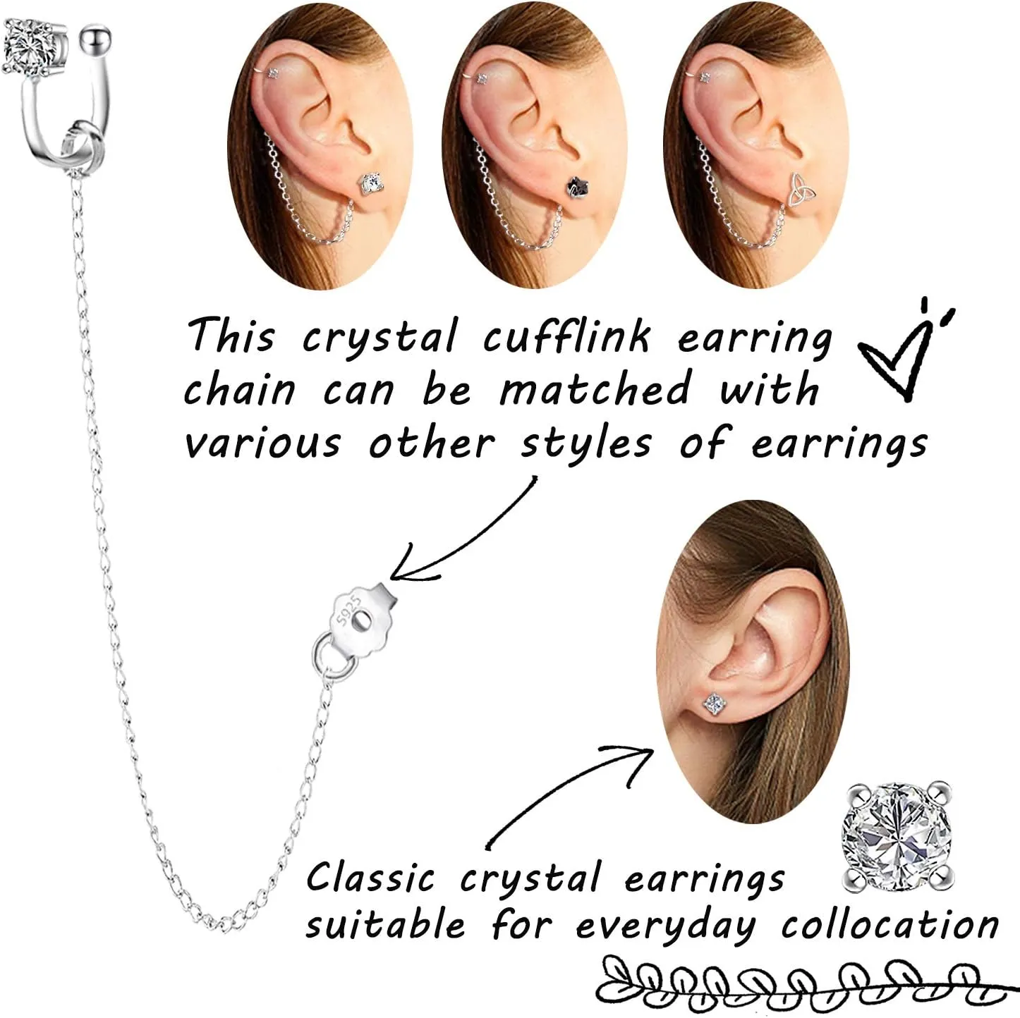 ELEDUCTMON Cubic Zirconia Crystal Ear Cuff Earrings - Sterling Silver Hypoallergenic Rhinestones Drop Dangle Chain 2 in 1 Earrings - Gifts for Women