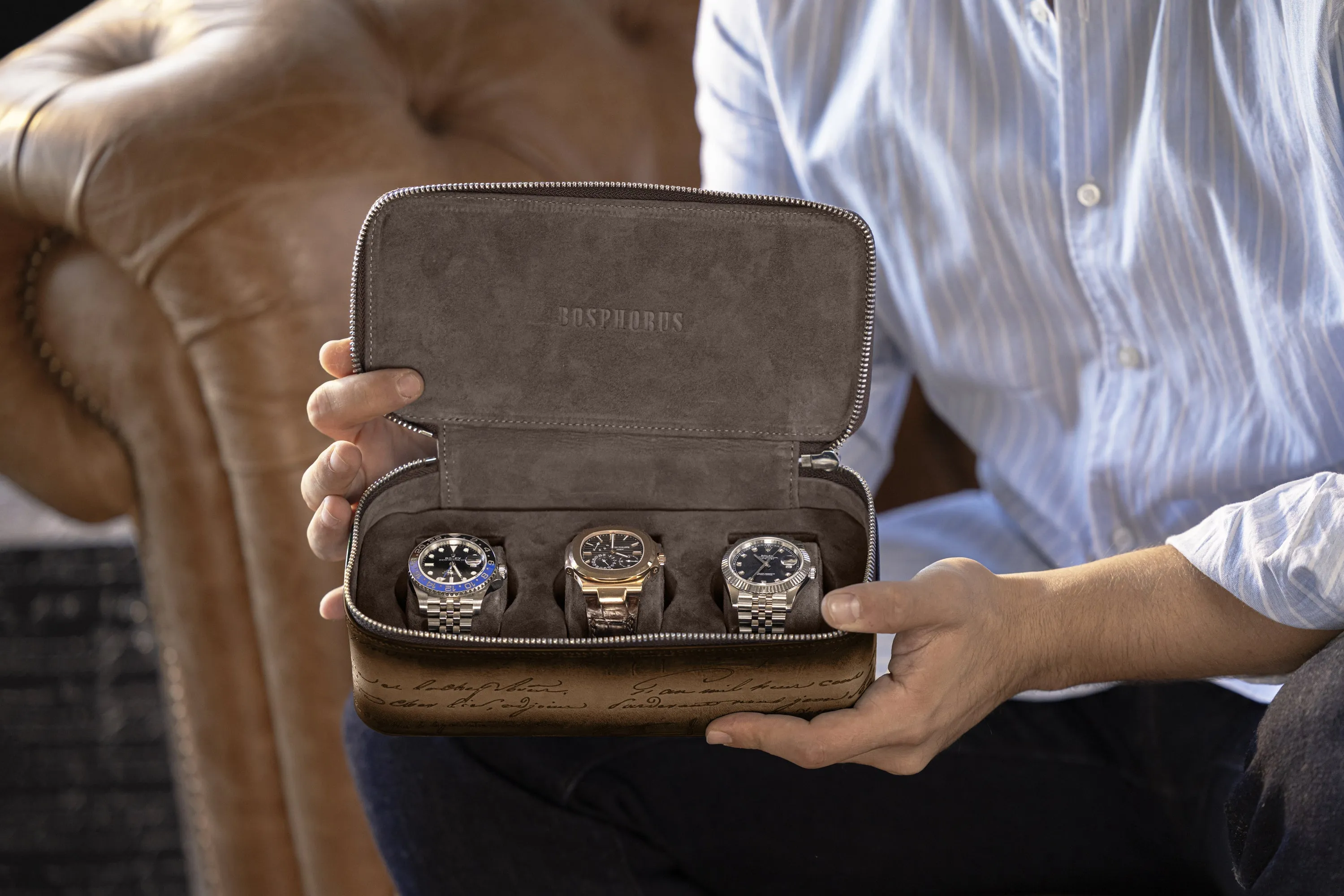 Ephesus Watch Case - Parchment Patina Java Brown For 3 Watches