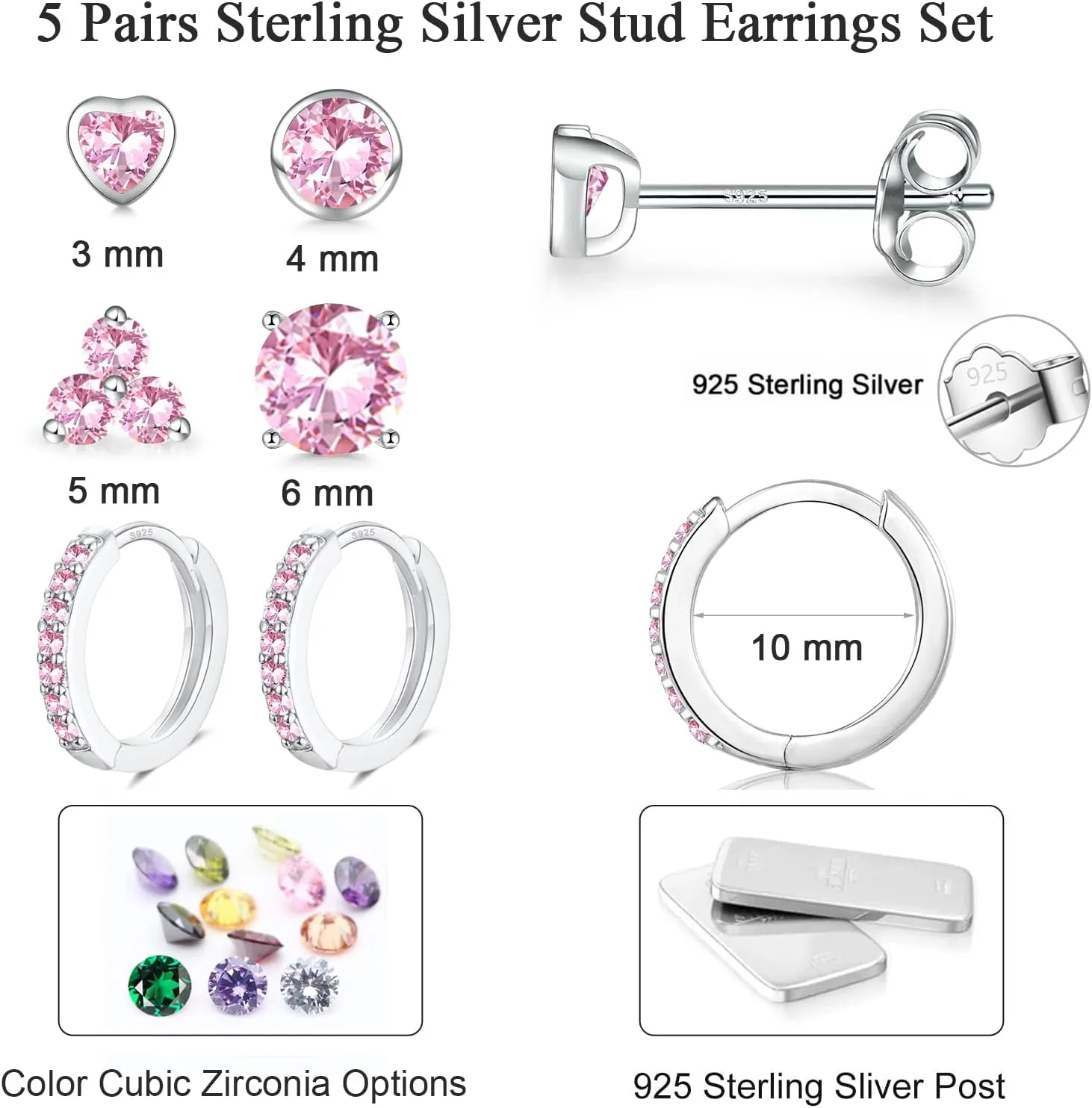 EPIRORA 925 Sterling Silver Studs Earrings Set for Women Men, Hypoallergenic Cubic Zirconia Stud Cartilage Helix Earrings, 5 Pairs Different Sizes Silver Hoop Earring Studs Sets for Multiple Piercing