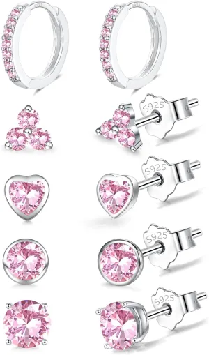 EPIRORA 925 Sterling Silver Studs Earrings Set for Women Men, Hypoallergenic Cubic Zirconia Stud Cartilage Helix Earrings, 5 Pairs Different Sizes Silver Hoop Earring Studs Sets for Multiple Piercing