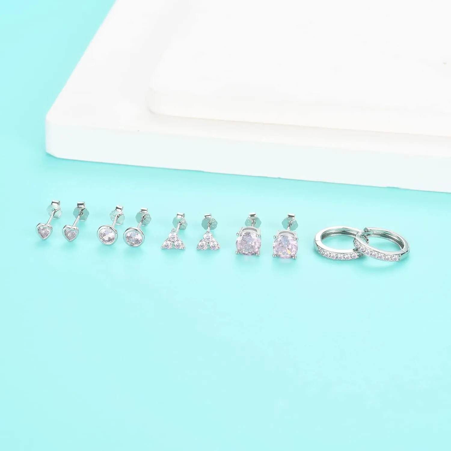 EPIRORA 925 Sterling Silver Studs Earrings Set for Women Men, Hypoallergenic Cubic Zirconia Stud Cartilage Helix Earrings, 5 Pairs Different Sizes Silver Hoop Earring Studs Sets for Multiple Piercing